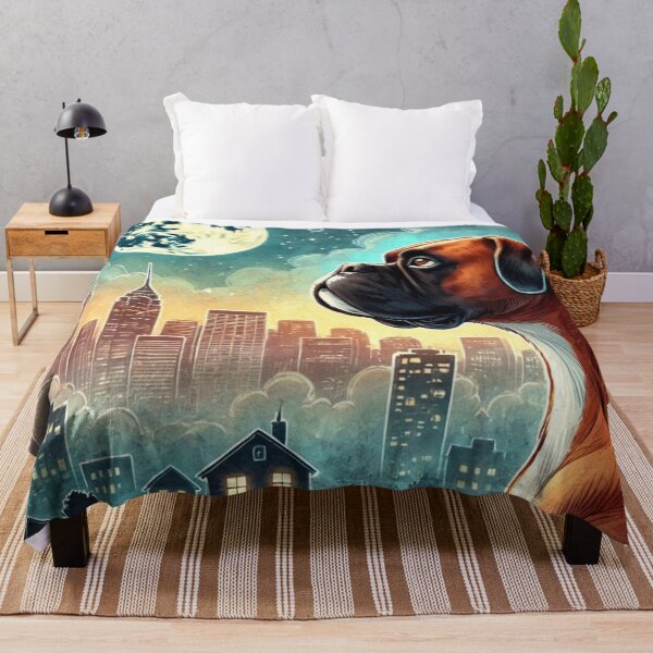 Item preview, Boxer dog under a moonlit city skyline designed and sold by BigBlueArt.