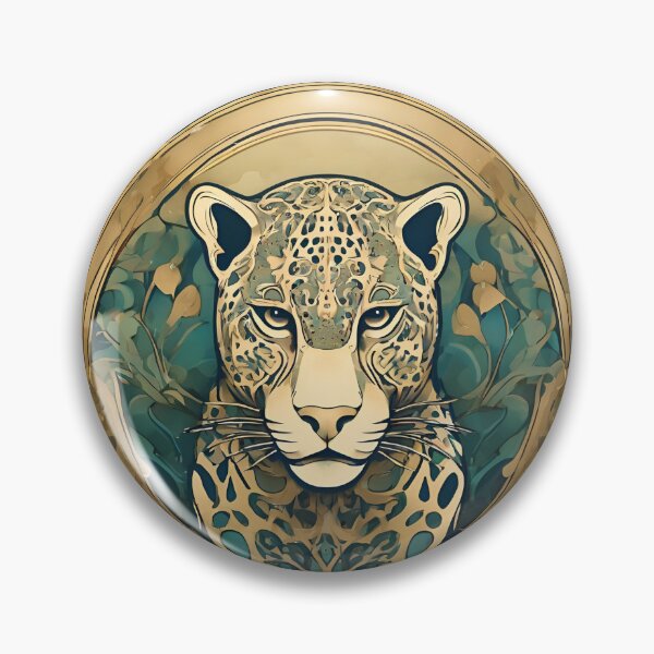 Item preview, Art Nouveau Amazon jungle Jaguar with gold and green floral design designed and sold by LumiLemon.