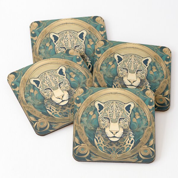 Item preview, Art Nouveau Amazon jungle Jaguar with gold and green floral design designed and sold by LumiLemon.