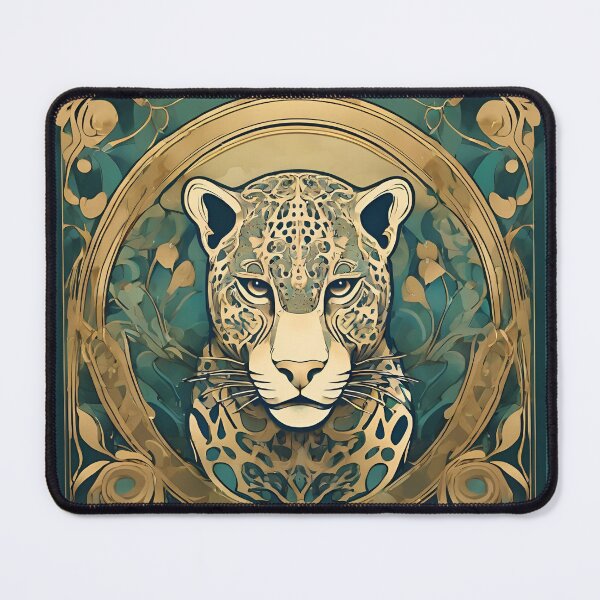 Item preview, Art Nouveau Amazon jungle Jaguar with gold and green floral design designed and sold by LumiLemon.