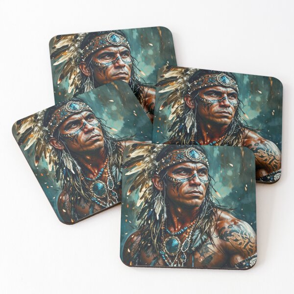 Item preview, Tribal warrior art with feathers and turquoise, muscular indigenous man with tattoos designed and sold by Shopstract.