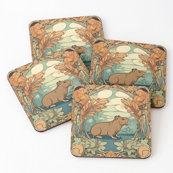 Item preview, Art Nouveau of capybara or capybara next to flowers designed and sold by LumiLemon.