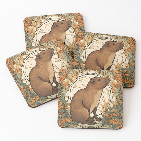 Item preview, Art Nouveau capybara sitting next to flowers designed and sold by LumiLemon.
