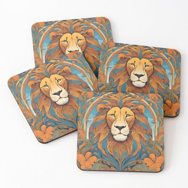 Item preview, Art Nouveau African lion colorful gold and blue floral design designed and sold by LumiLemon.