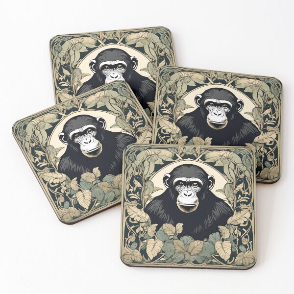 Item preview, Art Nouveau de mono chimpance en la jungla mágico tinta negra diseño floral designed and sold by LumiLemon.