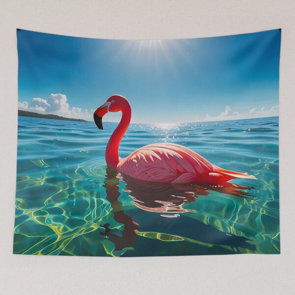 Artikelvorschau, Rosa Flamingo unter freiem Himmel, ruhige Meeresstimmung, verträumte tropische Meereslandschaft, Flamingo auf türkisfarbenen Wellen entworfen und verkauft von Kintsugi99.