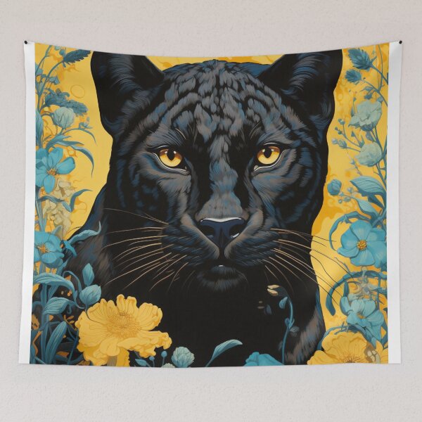 Item preview, Panther & Floral Blue Yellow Silk Art Graphic designed and sold by GrinGalore.