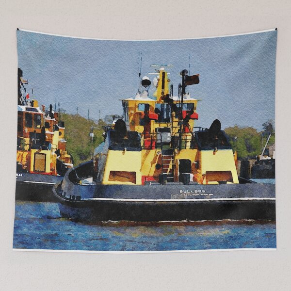 Item preview, Watercolor illustration of tugboats in Savannah River harbor, Georgia designed and sold by GestaltImagery.