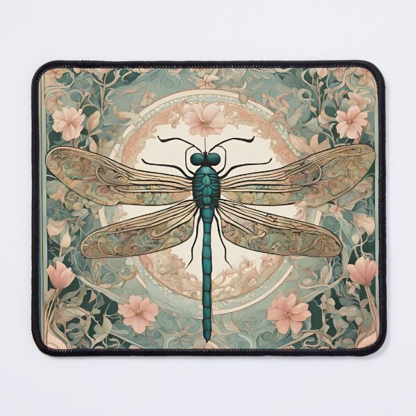 Item preview, Art Nouveau de insecto libélula verde y rosa en diseño floral designed and sold by LumiLemon.