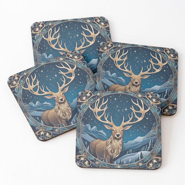 Item preview, Art Nouveau Christmas reindeer in forest with snow at night designed and sold by LumiLemon.