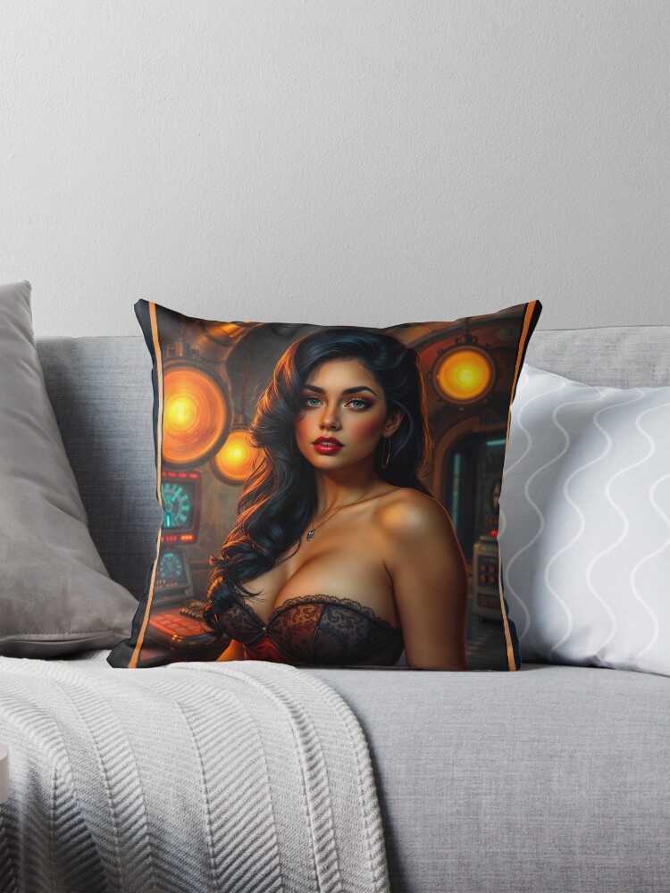 The Captivating Beauty Arkala, Amidst Glowing Lights Of Retro Futuristic Technology Stunning AI Concept Art by Xzendor7 Decorative Art Print Throw Pillow