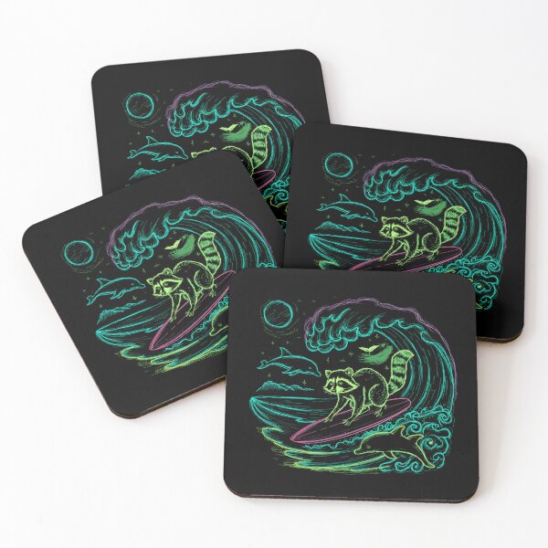 Item preview, Surfing raccoon, night surfing with dolphins designed and sold by MadCatPrints.