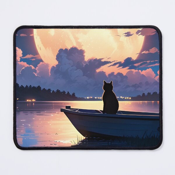 Item preview, Night Landscape with Cat Admiring the Full Moon Anime Style designed and sold by Landscape-Anime.