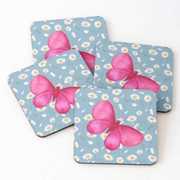 Item preview, Pink butterfly on a seamless Daisies pattern and blue background. designed and sold by Fantacaroo Designs.