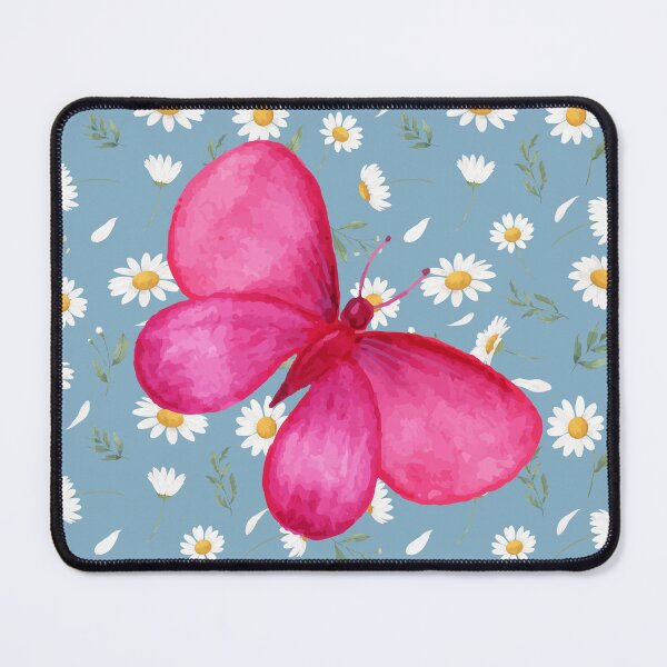 Item preview, Pink butterfly on a seamless Daisies pattern and blue background. designed and sold by Fantacaroo Designs.