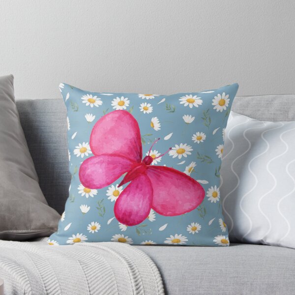 Item preview, Pink butterfly on a seamless Daisies pattern and blue background. designed and sold by Fantacaroo Designs.