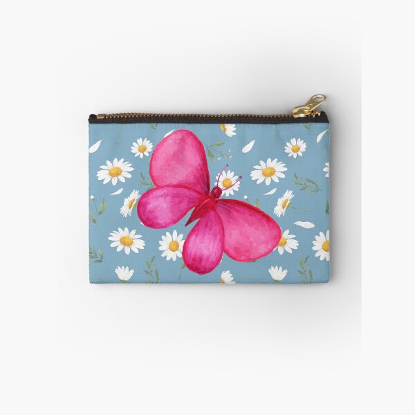 Item preview, Pink butterfly on a seamless Daisies pattern and blue background. designed and sold by Fantacaroo Designs.