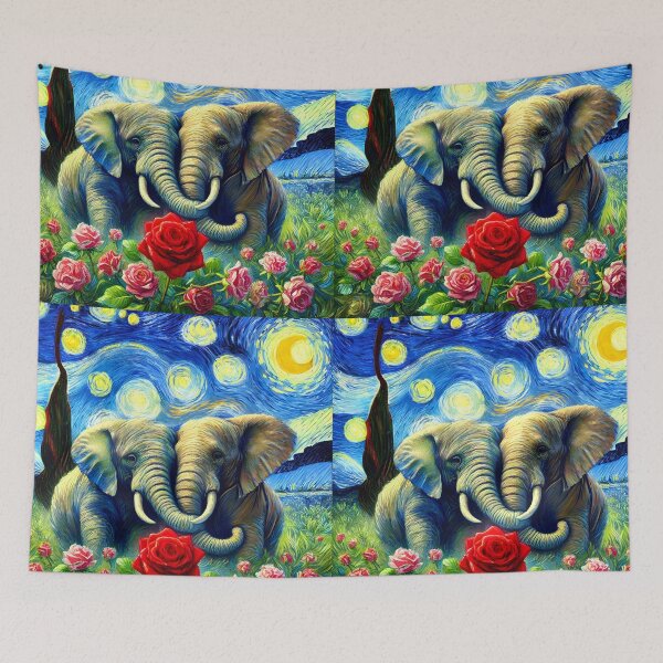 Item preview, Van Gogh's elephants in love  infused into starry night famous painting art designed and sold by EmeraldeaArt.