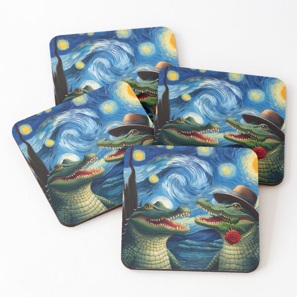 Item preview, Crocodiles Alligators in love infused into Van Gogh's starry night famous painting art designed and sold by EmeraldeaArt.