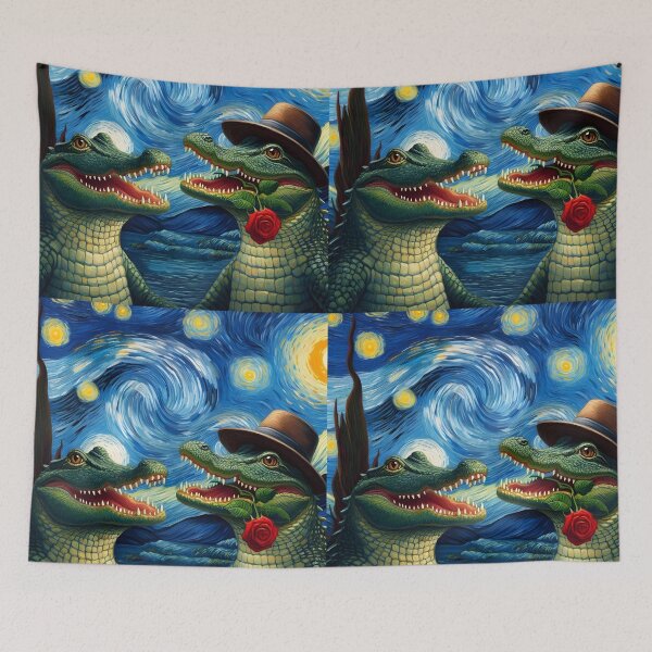 Item preview, Crocodiles Alligators in love infused into Van Gogh's starry night famous painting art designed and sold by EmeraldeaArt.