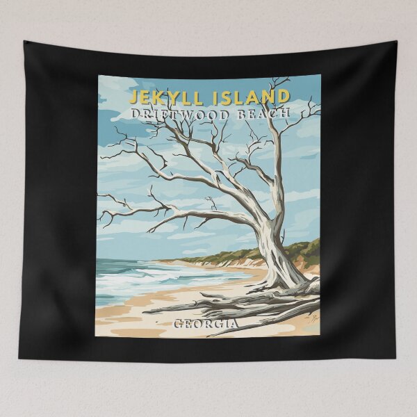 Item preview, Paisaje de arte retro de viajes con playa de madera a la deriva en la isla Jekyll, Georgia, EE. UU. designed and sold by MaateoDesign.