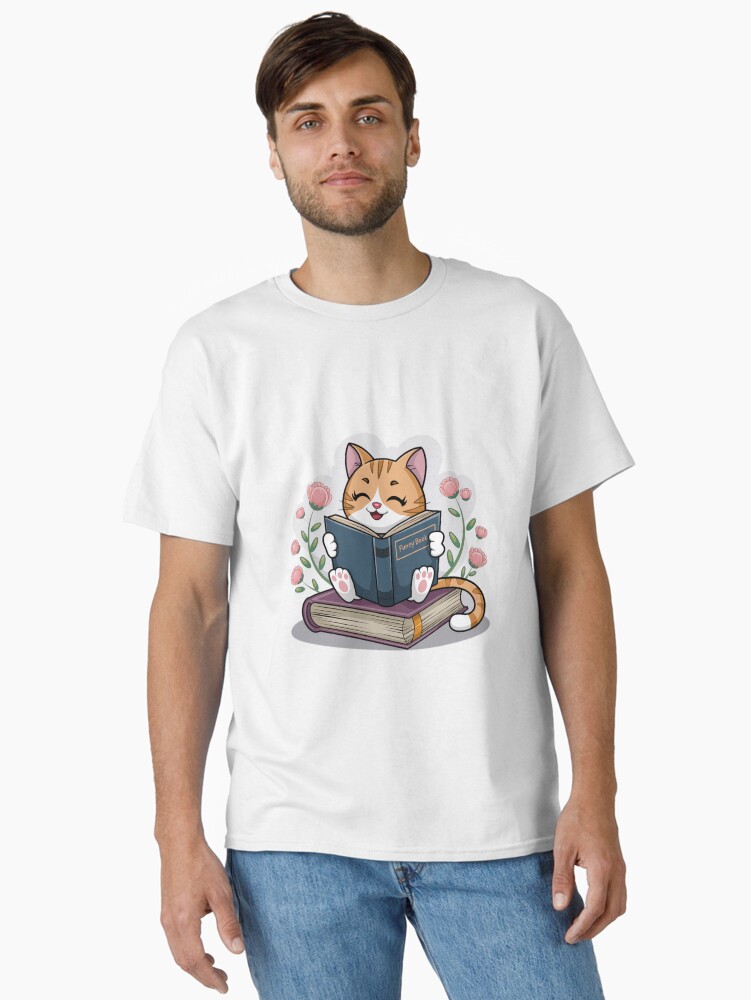 Thumbnail 1 of 7, Classic T-Shirt, Bookworm Kitty, Feline Bibliophile designed and sold by Coollzone.