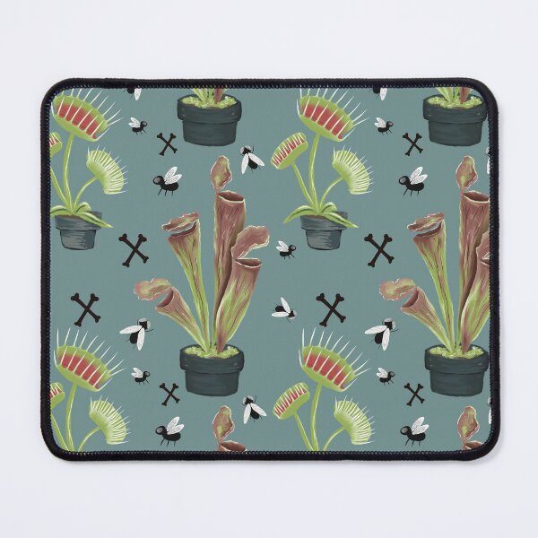 Item preview, Carnivorous plants - Venus fly trap and pitcher plant with flies and crossbones on blue-green designed and sold by katerosestudios.
