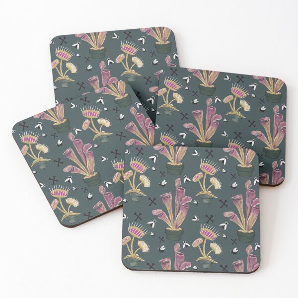 Item preview, Pinkish Carnivorous plants - Venus fly trap and pitcher plant with flies and crossbones on gray designed and sold by katerosestudios.