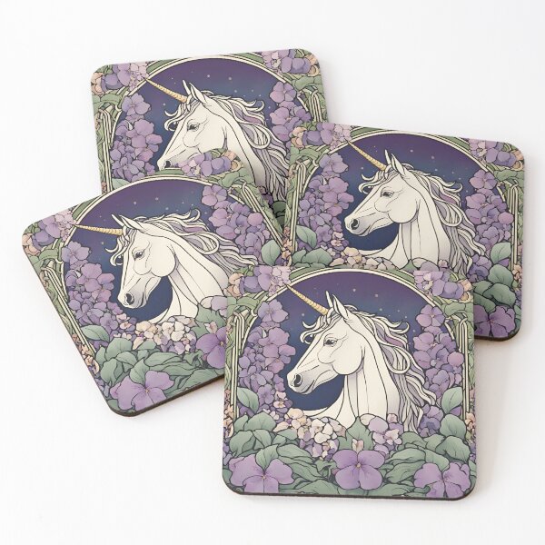 Item preview, Art Nouveau white unicorn and violet floral design designed and sold by LumiLemon.