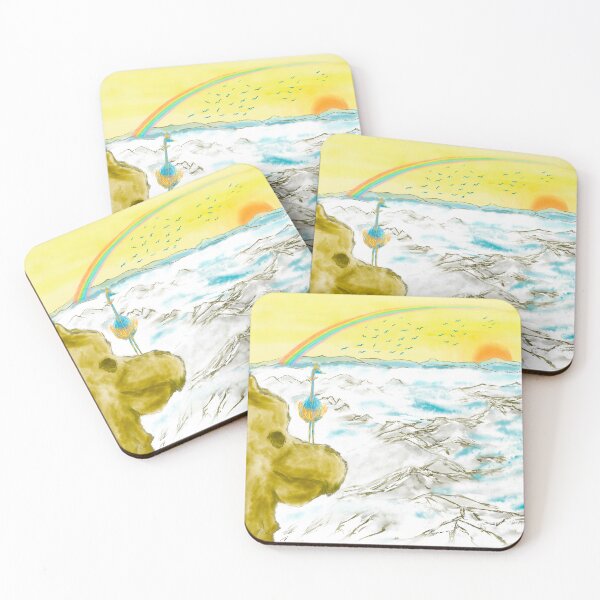 Item preview, Bird rock mountains and blue birds at sunrise  designed and sold by greenPQBstudio.