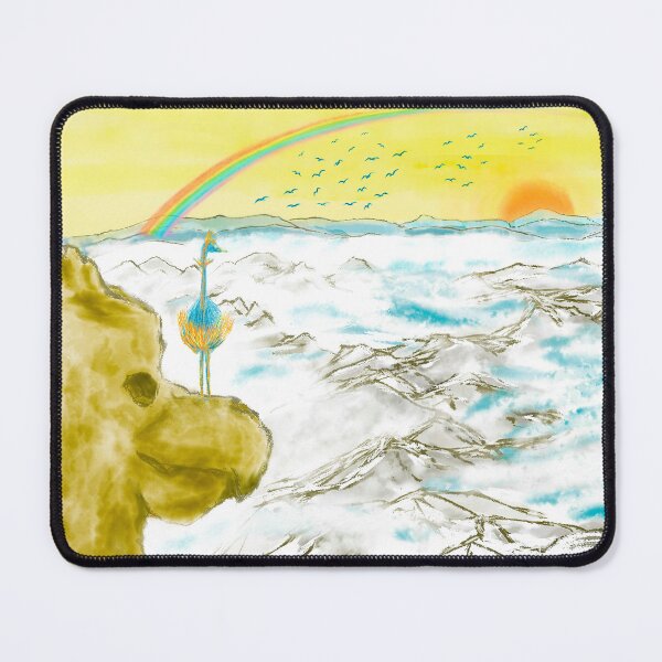 Item preview, Bird rock mountains and blue birds at sunrise designed and sold by greenPQBstudio.