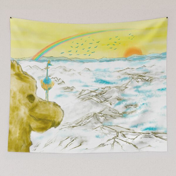 Item preview, Bird rock mountains and blue birds at sunrise  designed and sold by greenPQBstudio.