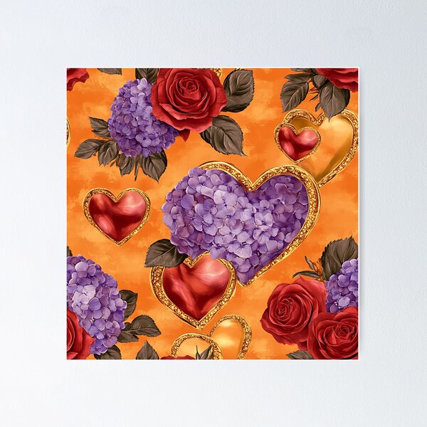 Item preview, Colorful floral pattern featuring hearts with roses and hydrangeas on a vibrant orange background designed and sold by BrinaPavlinka.