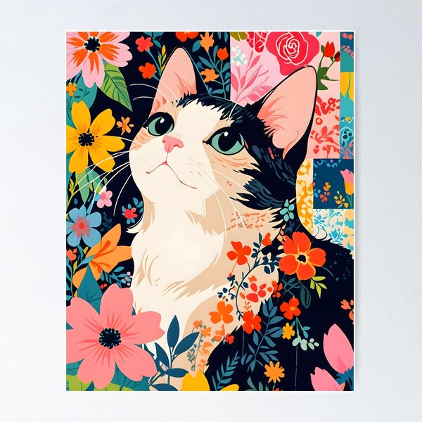 Item preview, Floral Patchwork Cat, Whimsical Cat and Blooms, Botanical Patchwork Paradise Botanical Illustration, Floral Garden Modern Pattern designed and sold by Kintsugi99.
