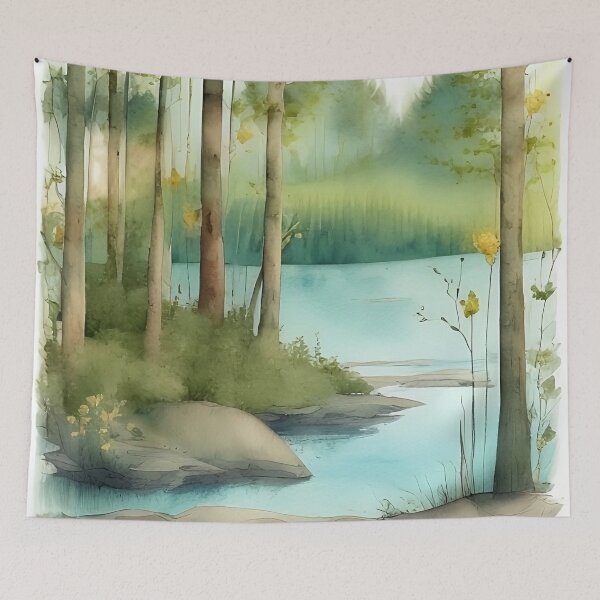 Item preview, Forest Lake in Summer Landscape Watercolor Painting | Watercolor Landscape | Watercolor Art | Watercolor Scenery designed and sold by UnhingedBird.