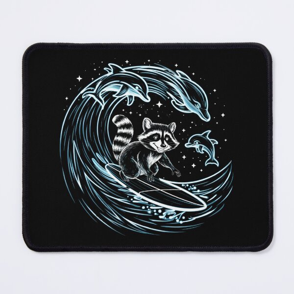 Item preview, Raccoon surfing with dolphins at night designed and sold by MadCatPrints.