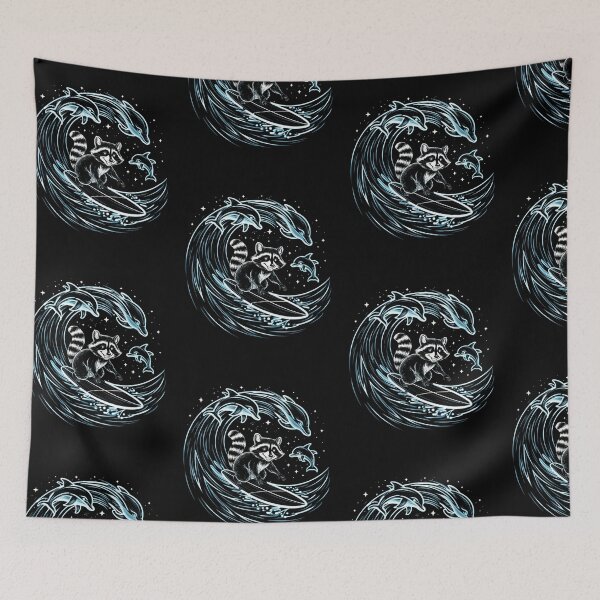 Item preview, Raccoon surfing with dolphins at night designed and sold by MadCatPrints.