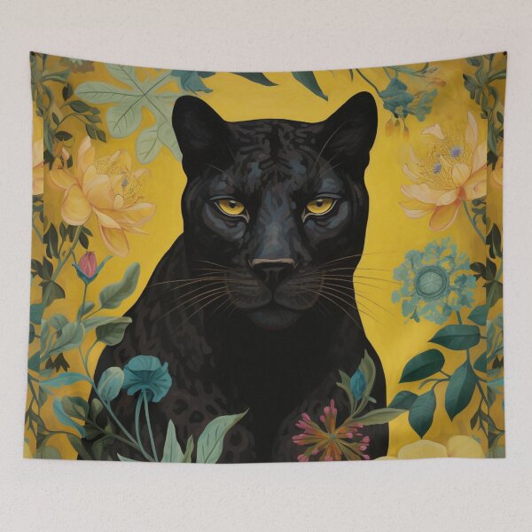 Item preview, Panther & Floral Blue Yellow Orange Silk Art Graphic designed and sold by GrinGalore.