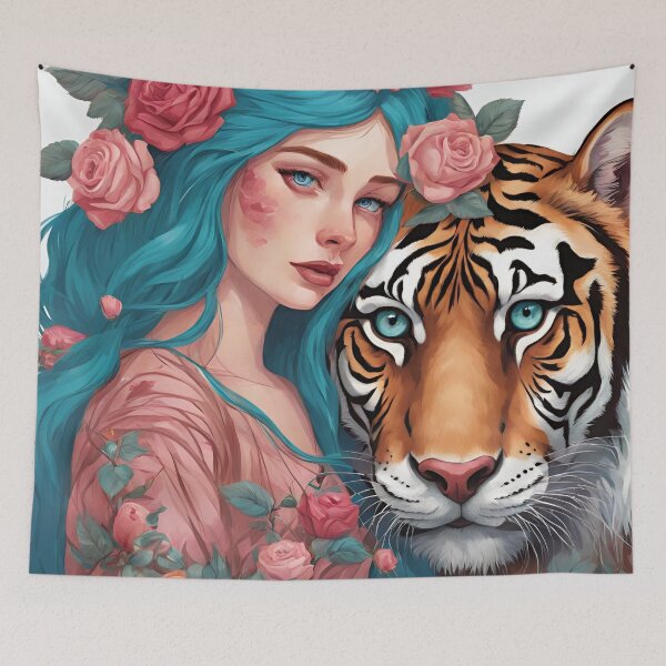 Item preview,  Girl with Turquoise Hair and Tiger designed and sold by LoveingShop.