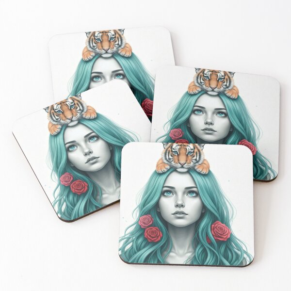 Item preview, Girl with Turquoise Hair and Tiger designed and sold by LoveingShop.