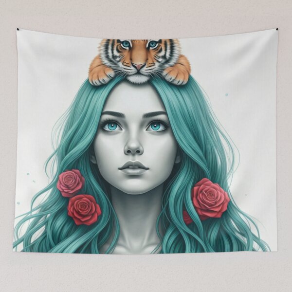 Item preview, Girl with Turquoise Hair and Tiger designed and sold by LoveingShop.