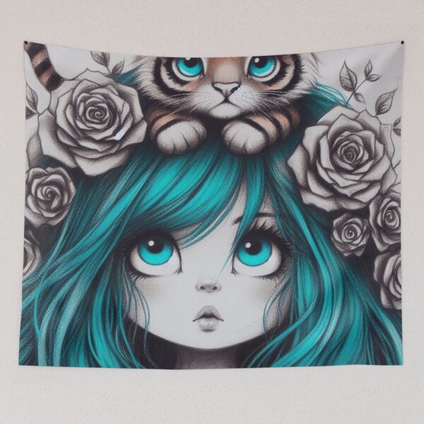 Item preview, Girl with Turquoise Hair and Tiger designed and sold by LoveingShop.