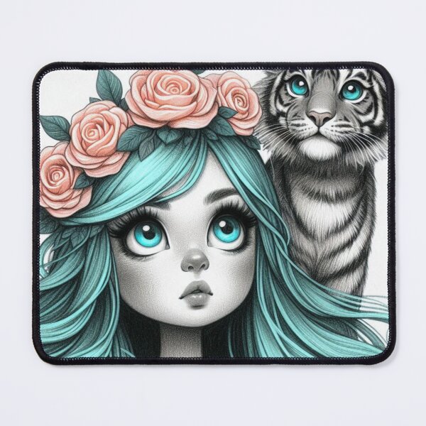 Item preview, Girl with Turquoise Hair and Tiger Cub designed and sold by LoveingShop.