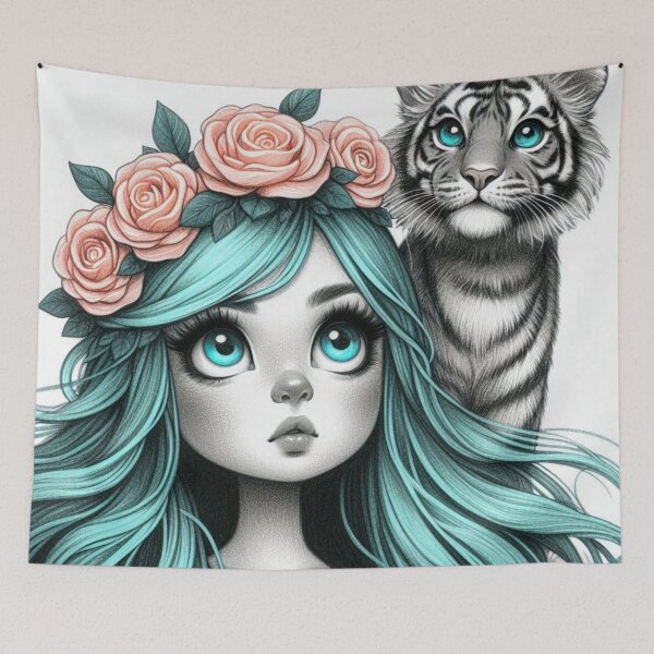 Item preview,  Girl with Turquoise Hair and Tiger Cub designed and sold by LoveingShop.