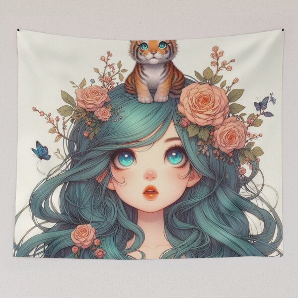 Item preview, Girl with Turquoise Hair and Tiger designed and sold by LoveingShop.