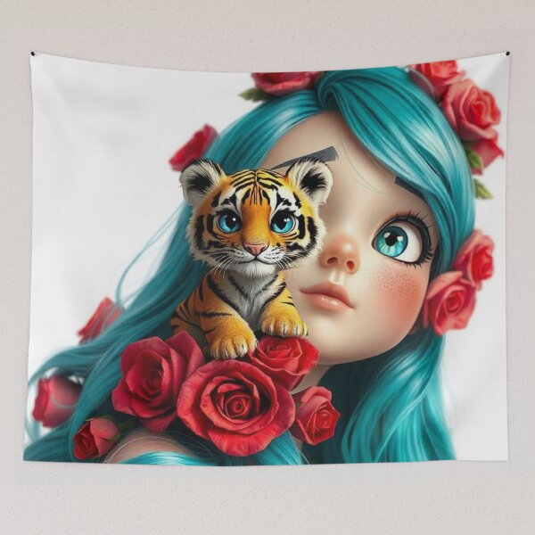 Item preview, Girl with Turquoise Hair and Tiger designed and sold by LoveingShop.