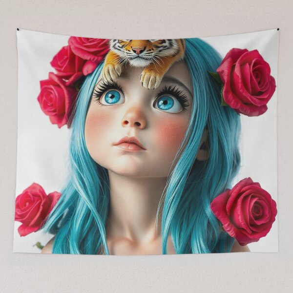 Item preview, Girl with Turquoise Hair and Tiger designed and sold by LoveingShop.