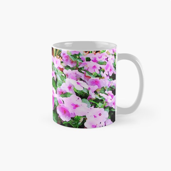 Item preview, Vibrant watercolor painting of impatiens flowers in lush green garden designed and sold by GestaltImagery.