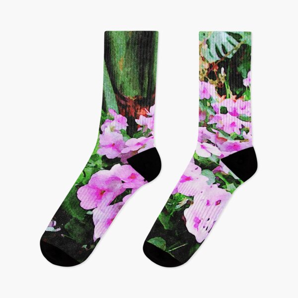 Item preview, Vibrant watercolor painting of impatiens flowers in lush green garden designed and sold by GestaltImagery.