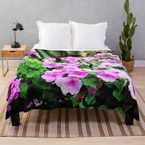 Item preview, Vibrant watercolor painting of impatiens flowers in lush green garden designed and sold by GestaltImagery.